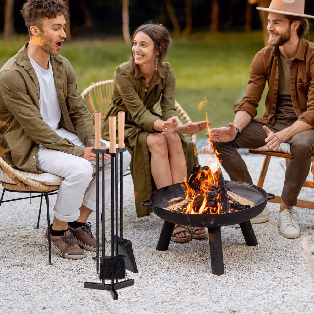 Gymax 4 Piece Heavy-Duty Metal Fireplace Tools Set with Poker in Black – 2