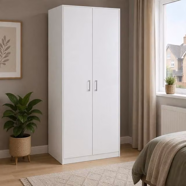 Home Source Arla 2 Door Matt White Wardrobe with Internal Shelves and Hanging Rod