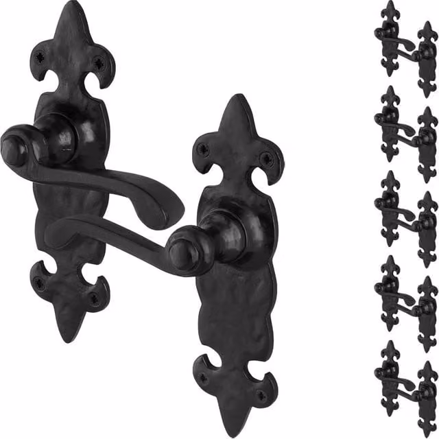 AFIT Black Antique Cast Iron Door Handle and Latch Set with Backplate, 6 Pairs, W/D/H: 15.0 x 15.0 x 15.0 cm – 1