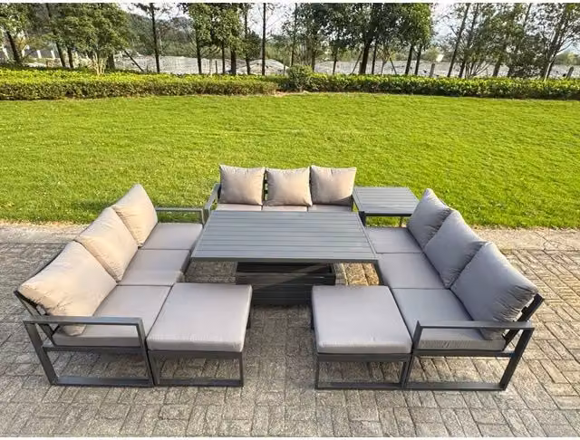 Fimous Modern Powder Coated Aluminium Patio Conversation Set in Dark Grey with 3-Seater Sofa, Ottoman, Coffee Table and Upholstered Cushions – 1