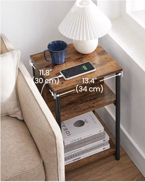 VASAGLE 3-Tier Slim Side Table with Charging Station, Brown Wood Effect, W/D/H: 30 x 30 x 58 cm