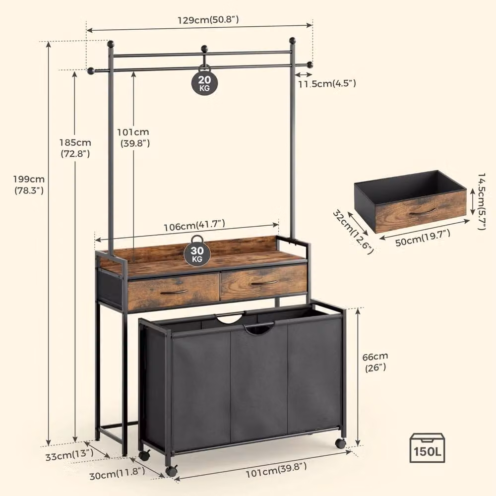 VOGREX 150L 3 Section Laundry Sorter Hamper with 2 Drawers, Black, W/D/H: 120 x 40 x 101 cm – 2