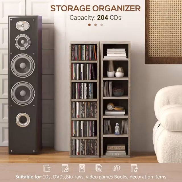 HOMCOM Set of 2 Modern Wall Mounted CD Media Display Shelf Units in Brown Mocha Wood Effect