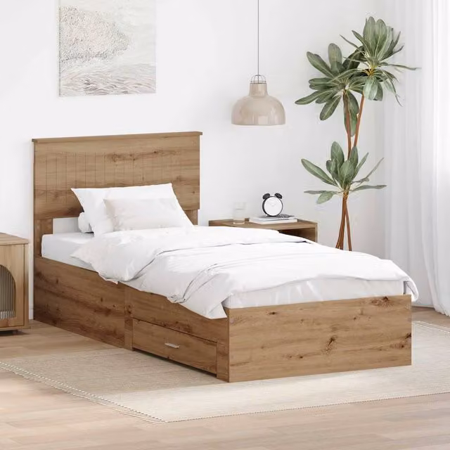 Berkfield Home Artisan Oak Bed Frame with Drawer, Brown, W/D/H: 90 x 190 cm – 1