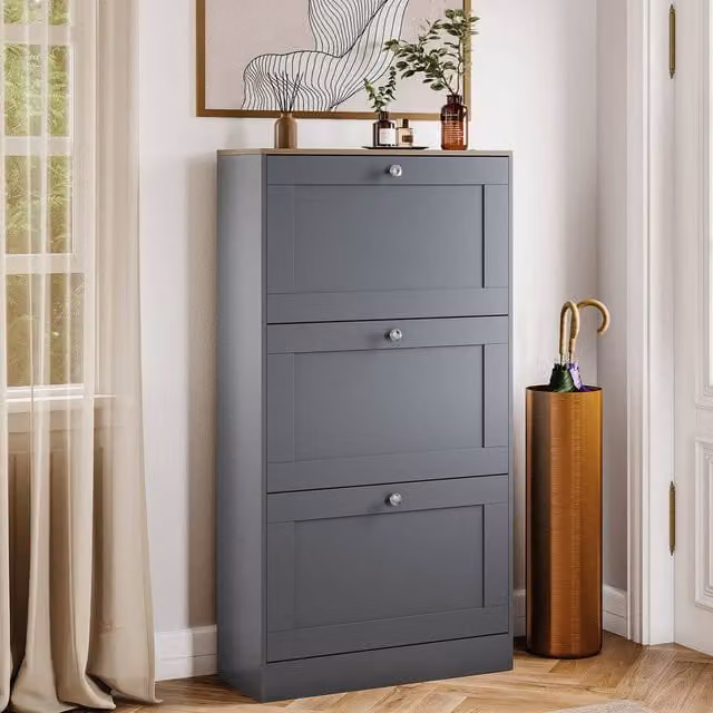 HD Designs Modern Grey 3 Drawer Shoe Cabinet with Tilting Compartments and LED Lighting – 1