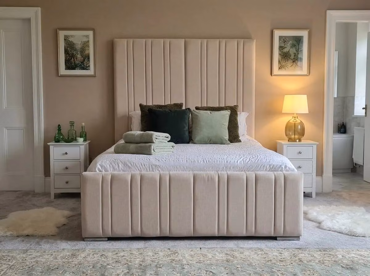 Lavish Upholstered Bed Frame by Beds NK Ltd in Beige