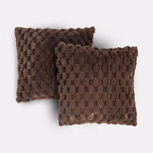 OHS Set of 2 Waffle Faux Fur Square Cushion Covers, Chocolate, W/D/H: 45 x 45 x 45 cm