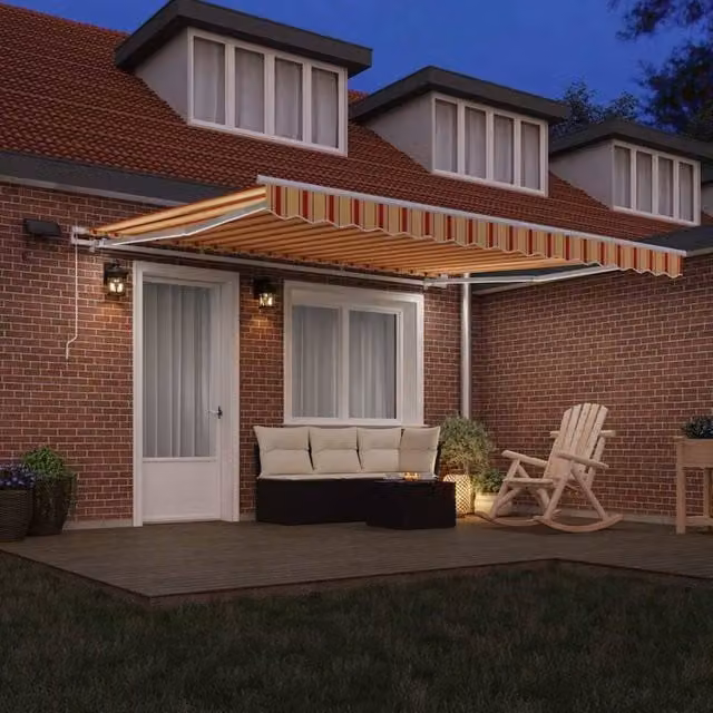 Berkfield Home Manual Retractable Polyester Awning with LED, Yellow and Orange Striped, W: 400 cm, D: 300 cm