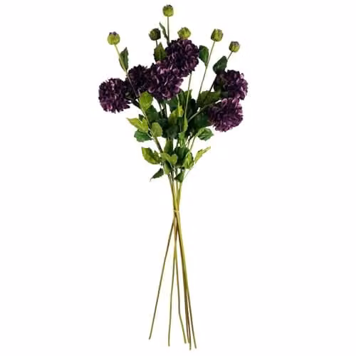 Leaf Pack of 6 Purple Artificial Dahlia PomPom Flower Stems, Height: 75 cm – 2