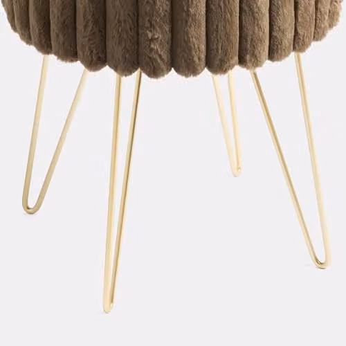 OHS Ribbed Faux Fur Vanity Stool with Gold Metal Legs and Removable Cover, Brown and Gold – 5