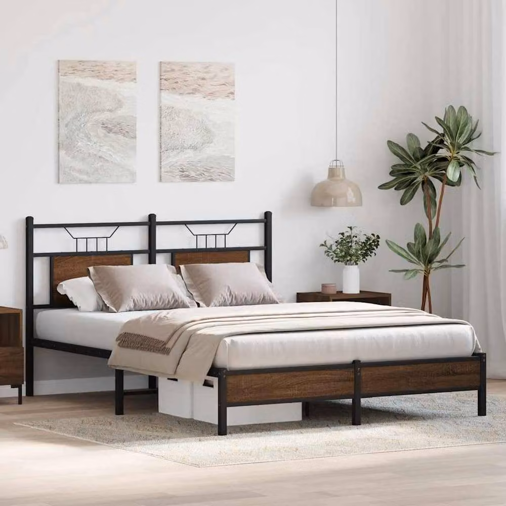Berkfield Home King Size Wood and Metal Bed Frame in Brown Oak, W/D/H: 150 x 200 cm – 3
