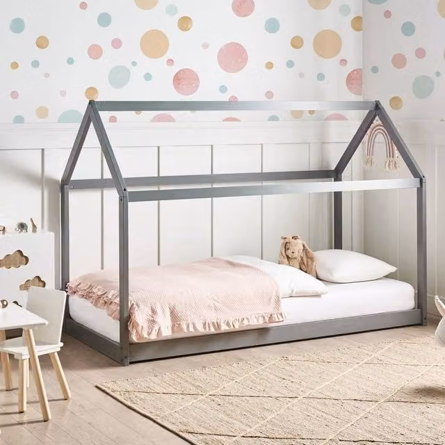 Wyld Haus Grey Lacquered Pine Kids House Bed with Solid Wood Frame, 90 x 190 cm