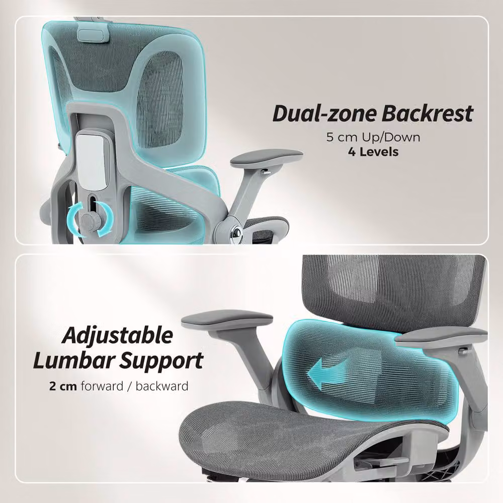 HOMCOM Ergonomic Grey Mesh Office Chair with Headrest and Armrests – 5