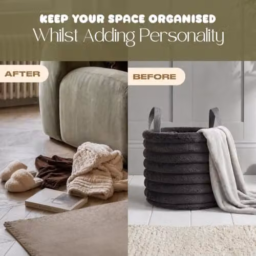 OHS Ribbed Faux Fur Storage Basket with Handles in Grey, W/D/H: 26.0 x 26.0 x 30.0 cm – 3
