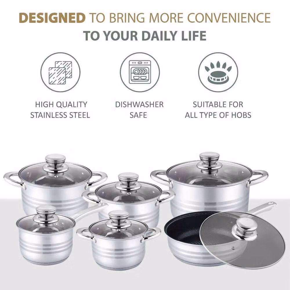 FLAVORA 12-Piece Stainless Steel Stockpot Set with Glass Lids in Metallic Silver – 2