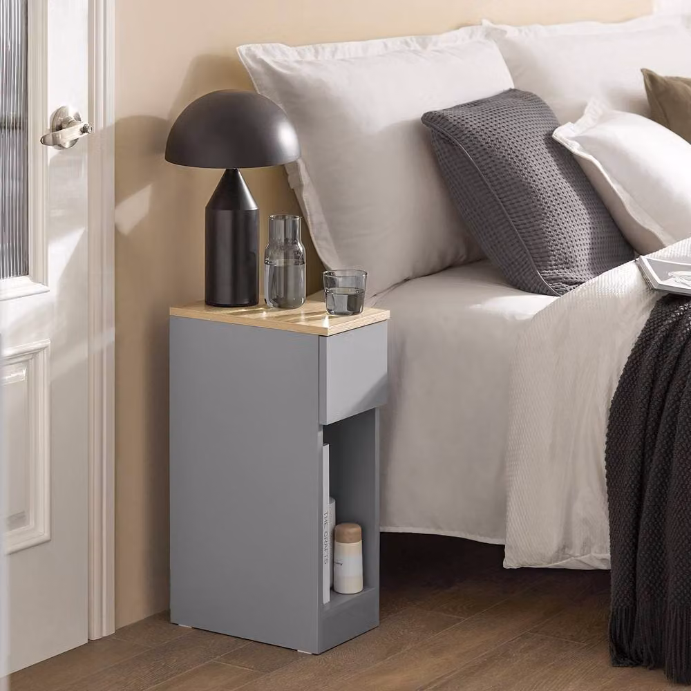 SoBuy Set of 2 Modern Slim Bedside Tables in Grey with Open Shelf and Drawer – 2