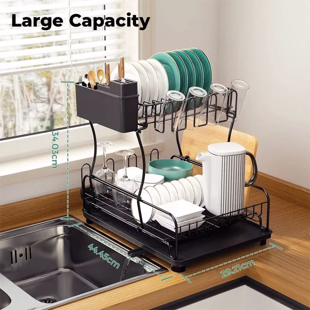 KORVIXA Expandable Black Steel Dish Drainer Rack with Cutlery Holder and Drip Tray – 3