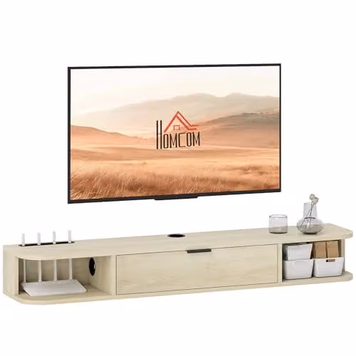 HOMCOM Modern Floating TV Unit with Flip Drawer and Shelves, Natural and Black