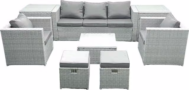 Fimous 7 Seater Rattan Garden Furniture Set in Light Grey with 3 Seater Sofa, 2 Chairs, Square Coffee Table, 2 Footstools and 2 Side Tables – 1
