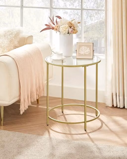 VASAGLE Round Tempered Glass Side Table with Gold Steel Frame