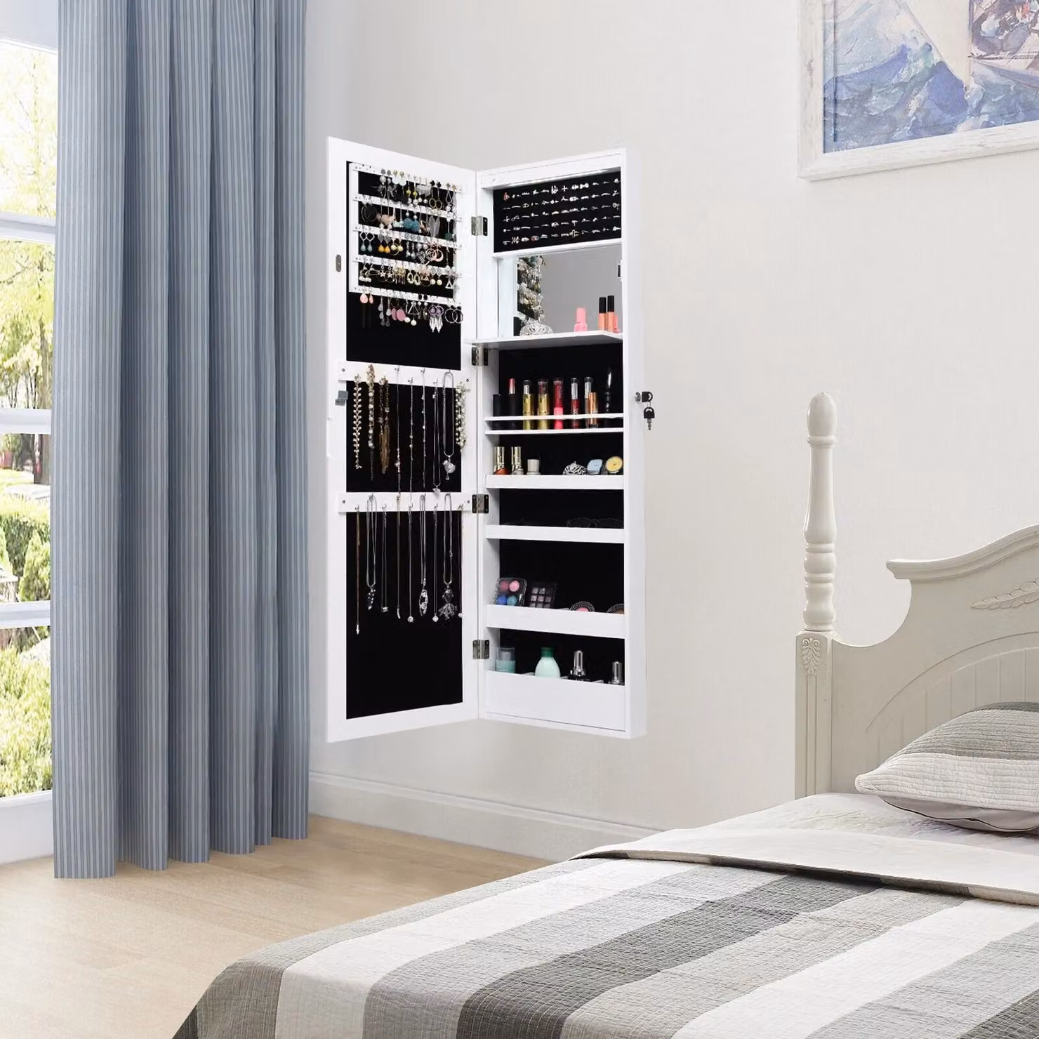 Costway Wall Mounted Jewelry Storage Cabinet with Full Mirror and LED Lighting in White – 3