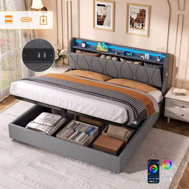 Matteo King Upholstered Bed Frame in Grey with Hydraulic Storage, LED Headboard and USB Charging Port, W/D/H: 180 x 200 x 155 cm
