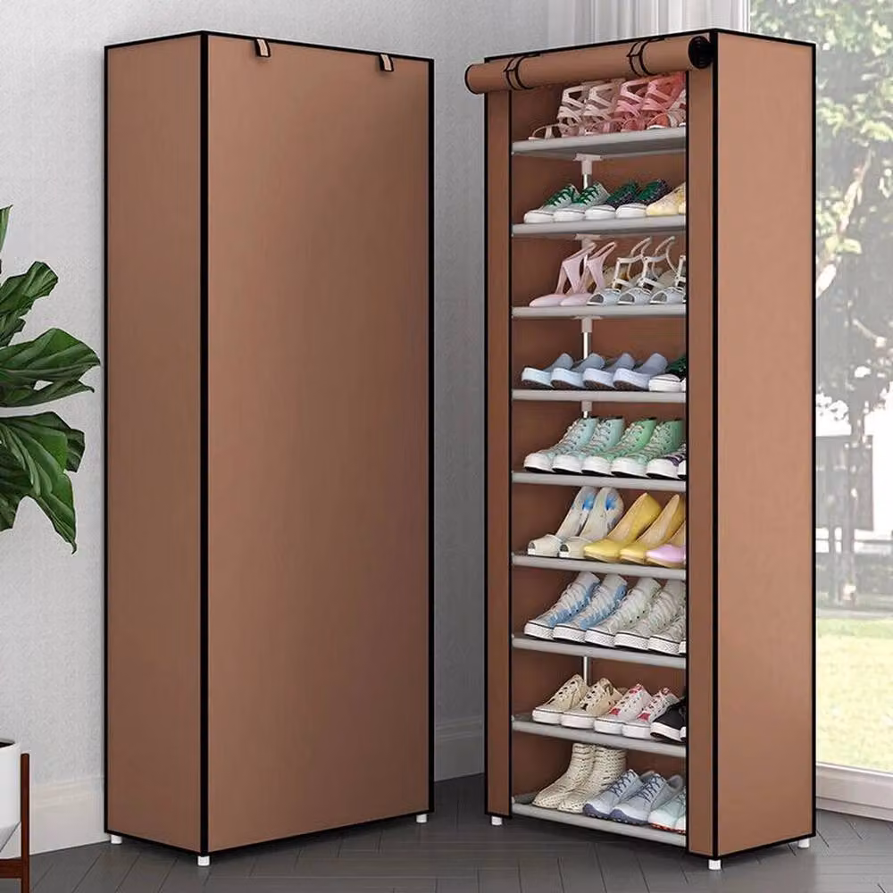 PAWNORA 10 Tier Dustproof Shoe Cabinet with Roll Shutter, Brown, H 155.0 x W 60.0 cm – 3