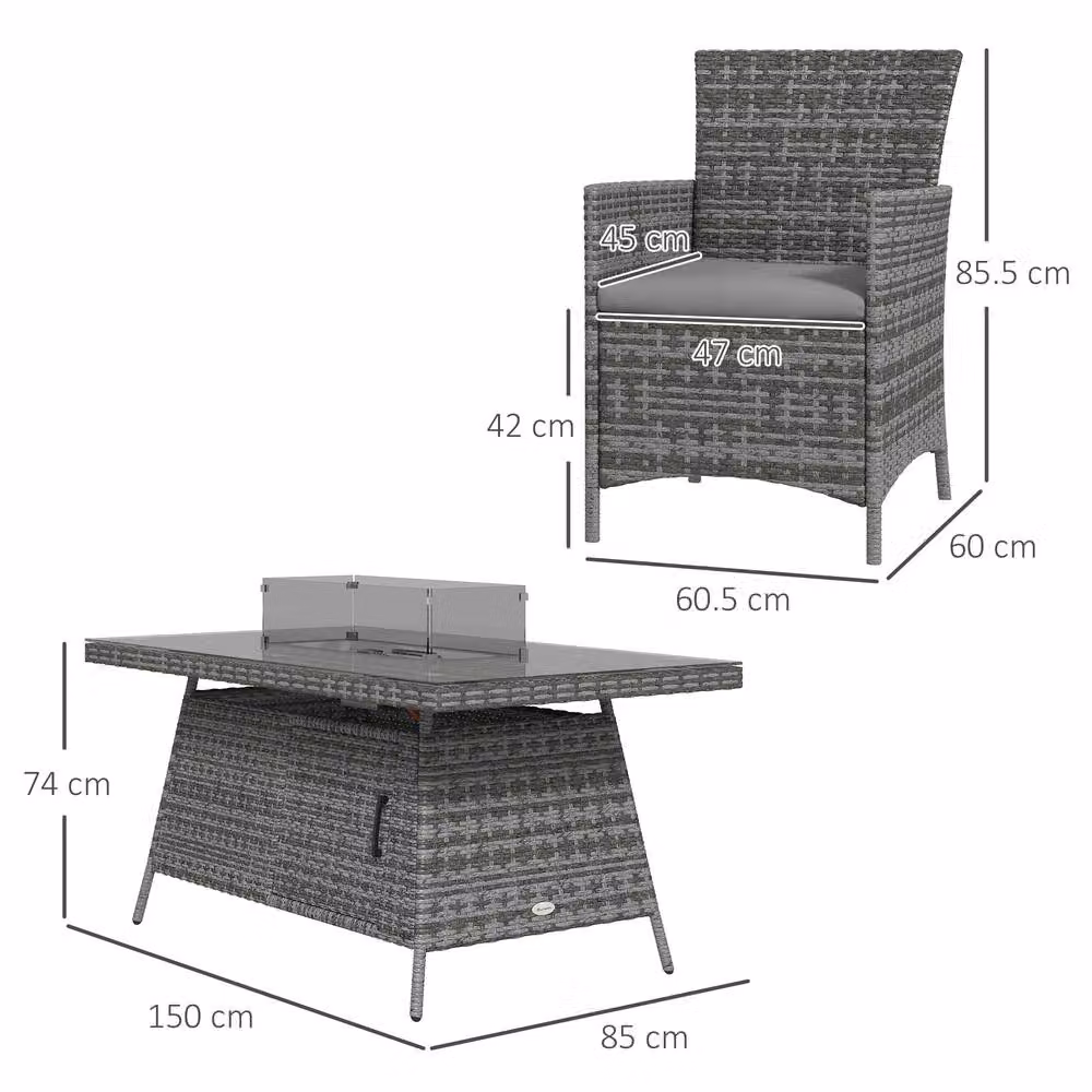 OUTSUNNY Grey Rattan Dining Set with Fire Pit Table and Armchairs – 3