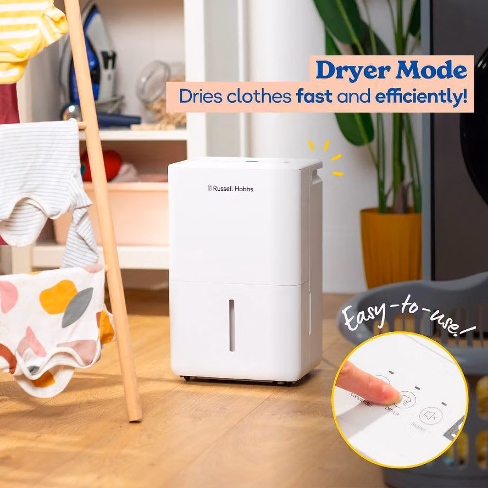 Russell Hobbs RHDH1002 White Dehumidifier for Damp, Mould and Clothes Drying, 10L/Day Capacity for Rooms up to 30m2 – 4