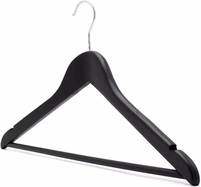 PAWNORA Black Wooden Angled Coat Hangers with Bar, Pack of 20