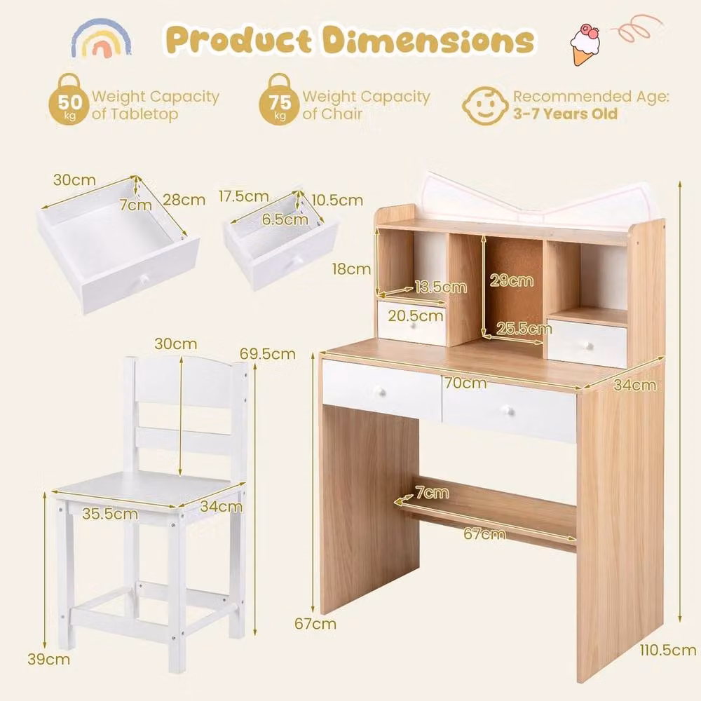 SPETLEK Scandinavian Study Desk and Chair Set in Natural Wood and White MDF – 2