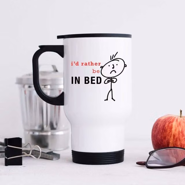 60 Second Makeover Men's I'd Rather Be In Bed Metal Travel Mug in White – 1