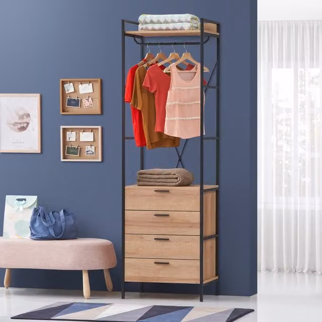Timber Art Design UK Open Wardrobe with 4 Drawers in Brown, H 200 x W 60 x D 40 cm