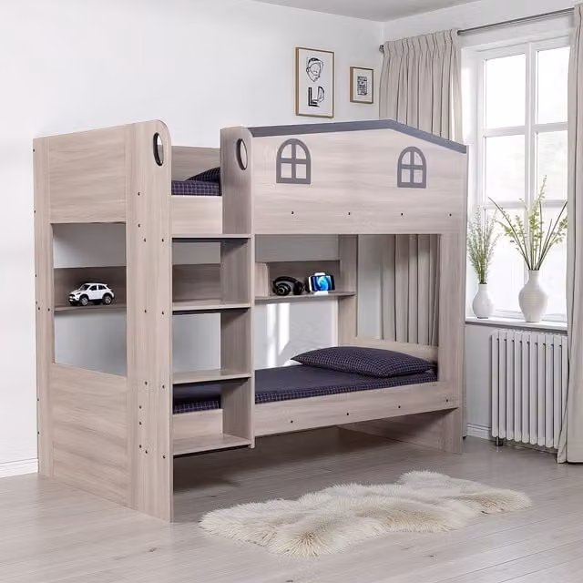 Seconique Hector Modern Childrens Bunk Bed with House Frame and Side Compartments in Grey