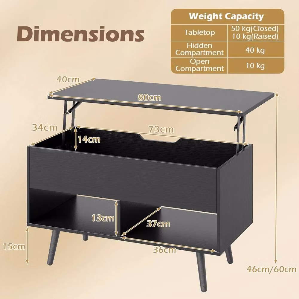 VOGREX Black Mid Century Rectangular Lift Top Coffee Table with Storage Shelves – 2