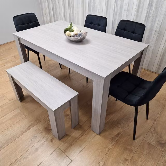 Kosy Koala Modern Rectangular Dining Set with Table, Bench and Four Chairs in Grey and Black