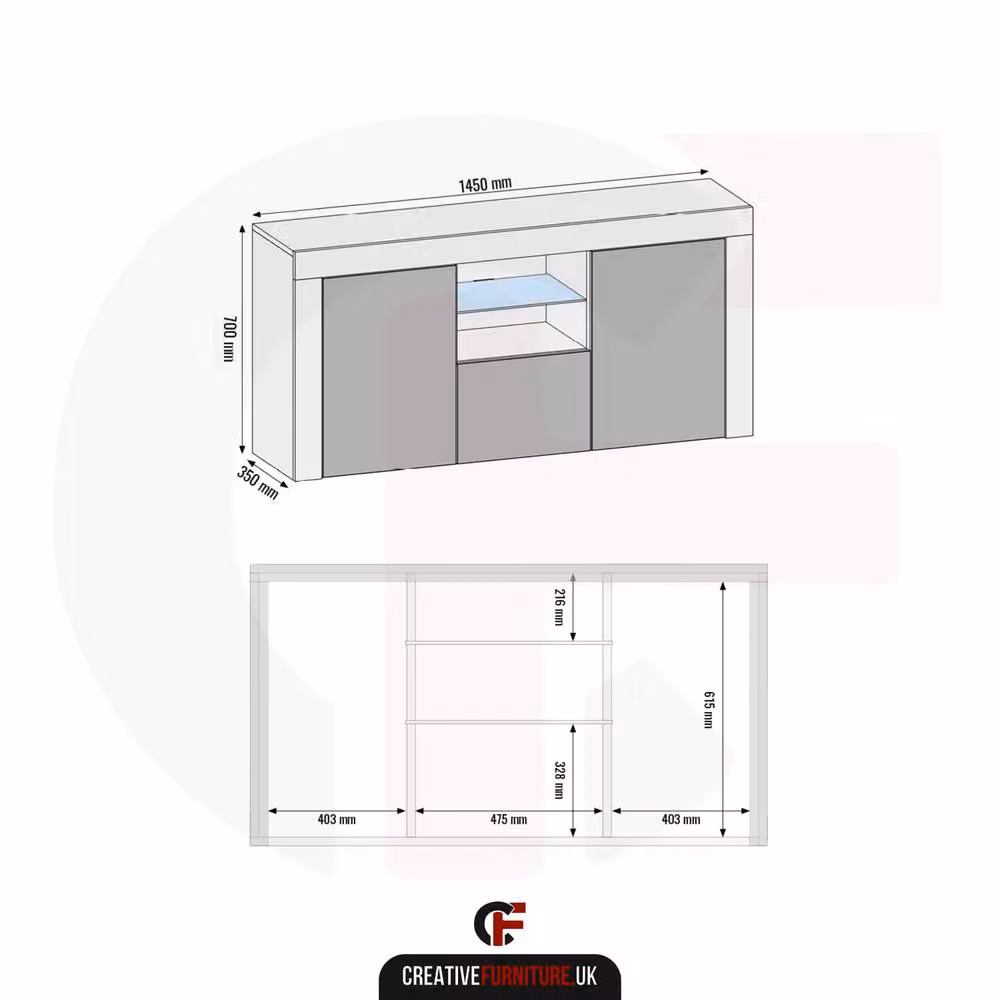 Creative Furniture Aurora Sideboard in White with Glossy Doors and LED Lights, W: 145 cm, H: 70 cm, D: 35 cm – 3