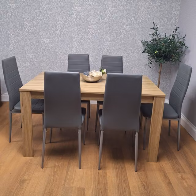 Kosy Koala Modern Rectangular Dining Room Set with 6 Faux Leather Chairs in Grey and Black