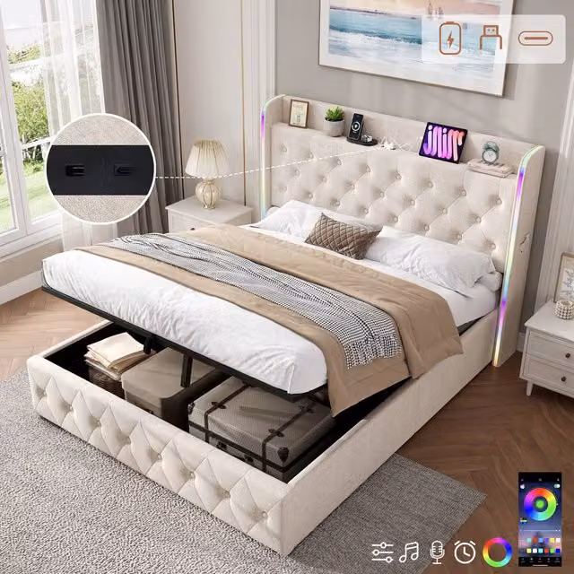 Rolipo Double Upholstered Bed Frame in Beige with Hydraulic Storage, LED Under-Bed Lighting and USB Charging Port