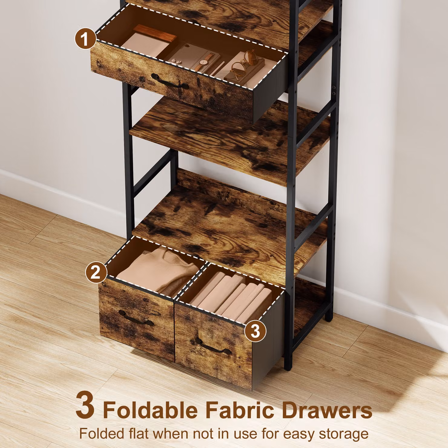 HOMCOM Industrial Style Bookcase with 4 Shelves and 3 Fabric Drawers in Brown and Black – 5