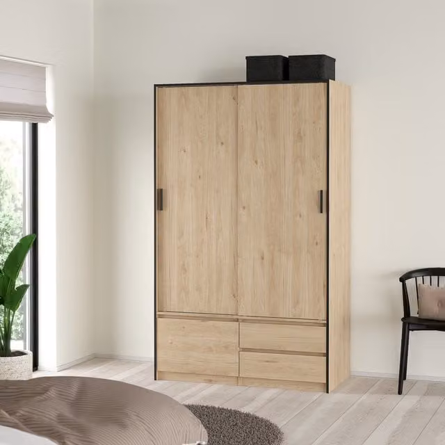 Furniture To Go Line Wardrobe in Jackson Hickory Oak with 2 Sliding Doors, 1 Small Door and 2 Drawers