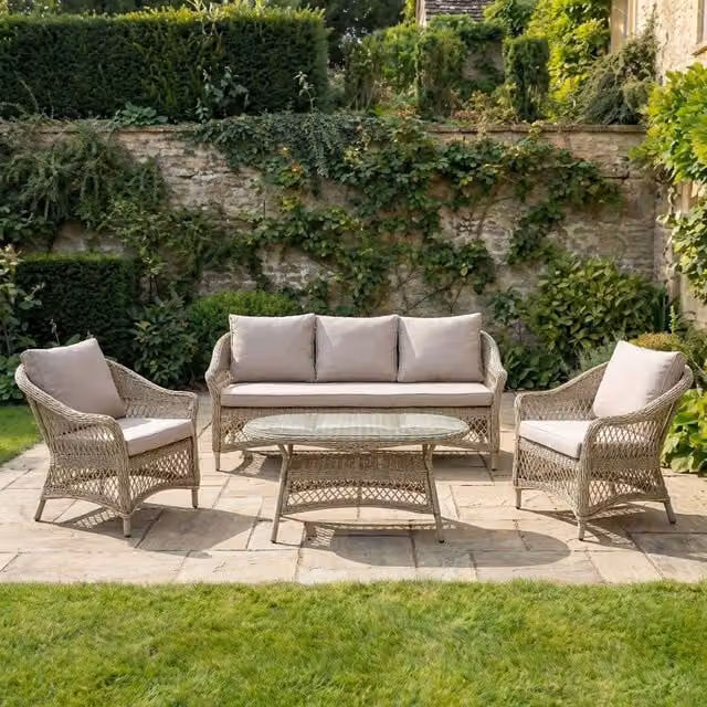 Malay 5 Seater Rattan Sofa Set with Glass Table in Beige