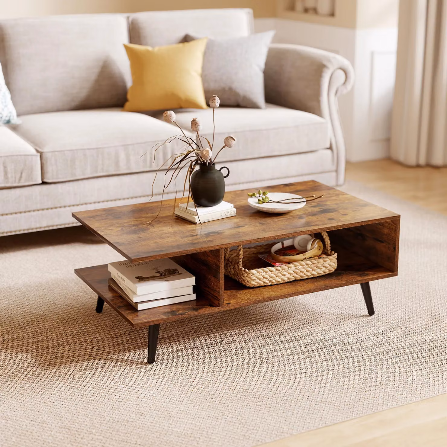 Gymax Mid Century Modern 2-Tier Rectangular Coffee Table with Metal Legs in Brown – 3