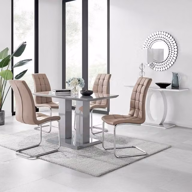 FurnitureboxUK Imperia 4 Modern Grey High Gloss Rectangular Dining Table and 4 Murano Chairs Set in Cappuccino