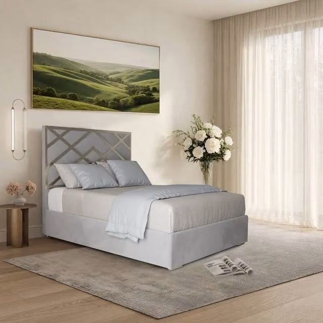 Casani Marden Upholstered Velvet Designer Bed Frame in Grey with Metal Details, Super King Size (200 x 200 cm) – 1