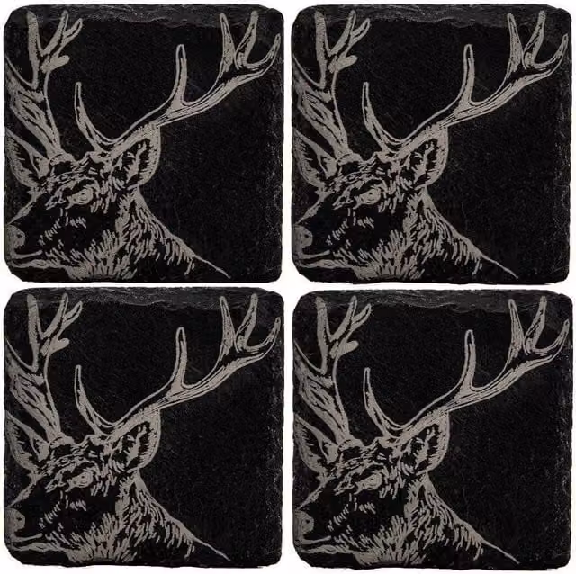 Selbrae House Set of 4 Square Slate Coasters in Dark Grey with Stag Design