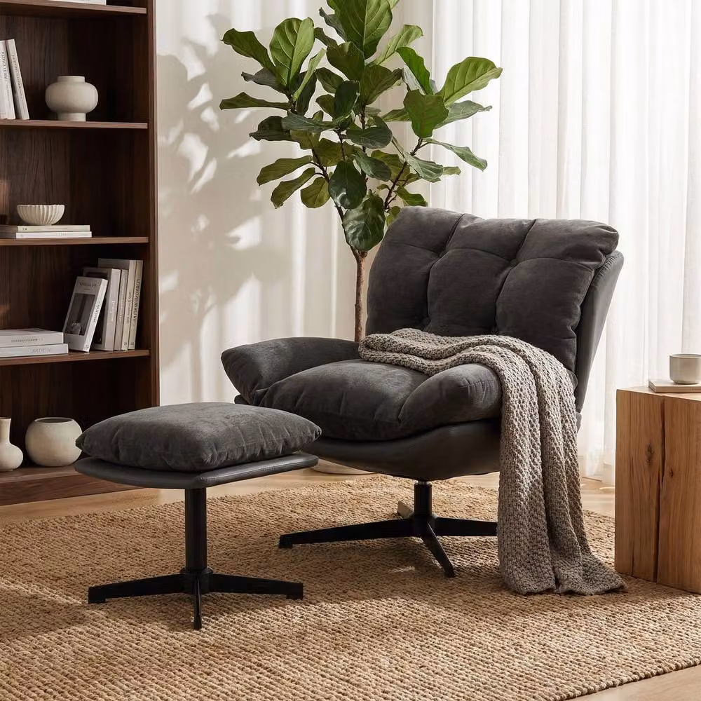 STILVORA Swivel Accent Chair with Ottoman, Grey Fabric and Metal Frame – 2