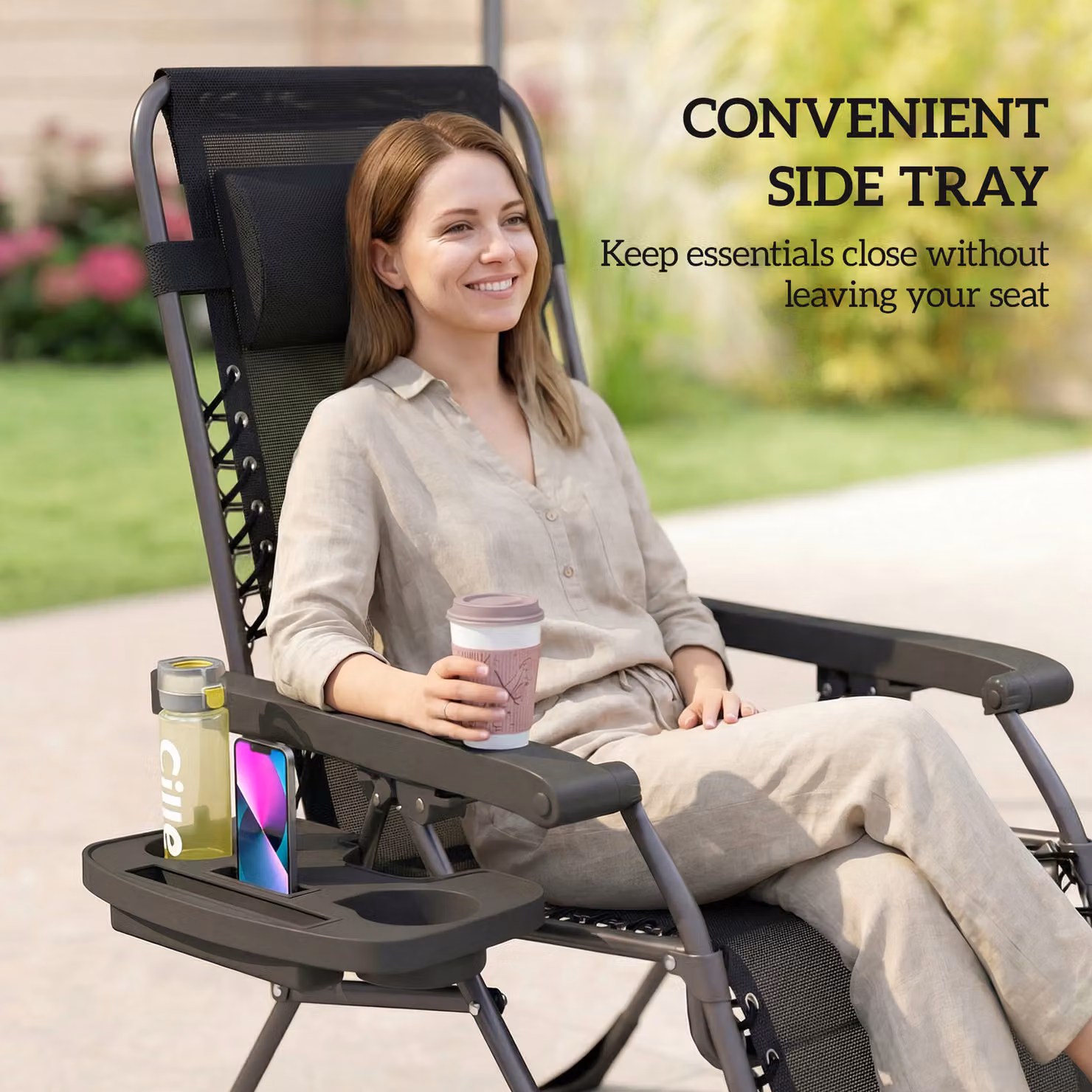 Outsunny Set of 2 Black Zero Gravity Folding Sunloungers with Adjustable Headrest and Cup Holders – 7