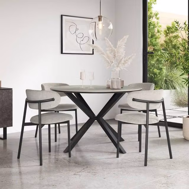 More4Homes Calne Round Ceramic Dining Table and 4 Myla Linen Chairs in Grey and Black, Diameter: 120 cm, Height: 75 cm