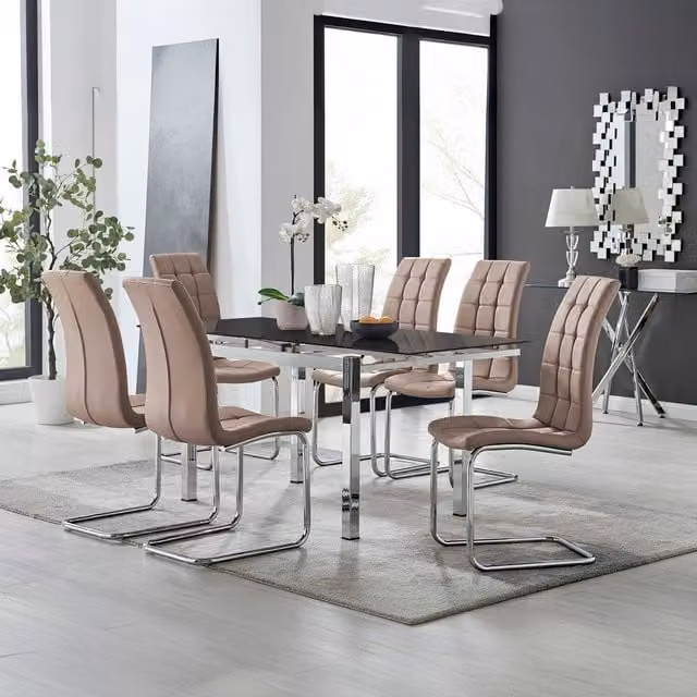 Furniturebox Enna Black Glass Extending Dining Table and 6 Murano Chairs in Cappuccino